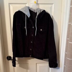 NOBO Black Corduroy Jacket with Gray Hood—New without tag